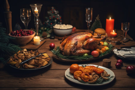 christmas dinner, with turkey and all the trimmings, on rustic wooden table, created with generative aiの素材