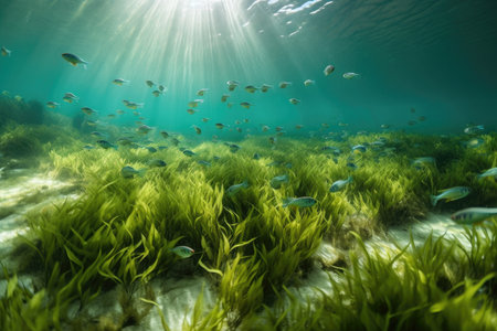 underwater view of seagrass bed, with schools of fish swimming among the shoots, created with generative aiの素材