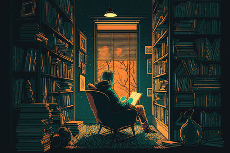 person, sitting in comfortable armchair, reading book from expansive bookshelf, created with generative aiの素材