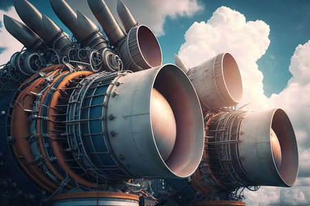 close-up of rockets engines, with clouds in the background, created with generative aiの素材