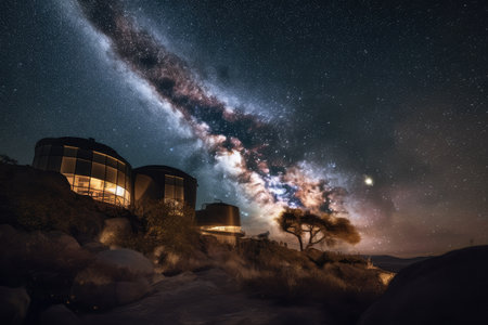 off-the-beaten-path destination with a view of the night sky, filled with stars and galaxies, created with generative aiの素材