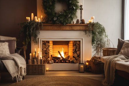 a rustic fireplace decorated with a wreath and candles in an inviting living room, created with generative aiの素材