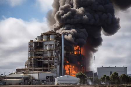 aluminium smelter with smoke and flames billowing out of stack, created with generative aiの素材