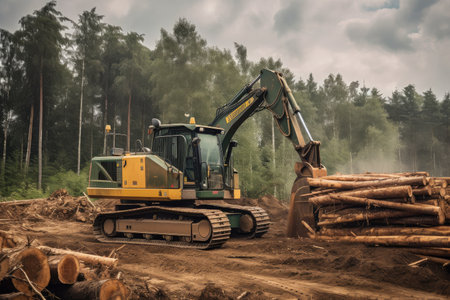 logging operation with heavy machinery extracting valuable timber and biomass, created with generative aiの素材