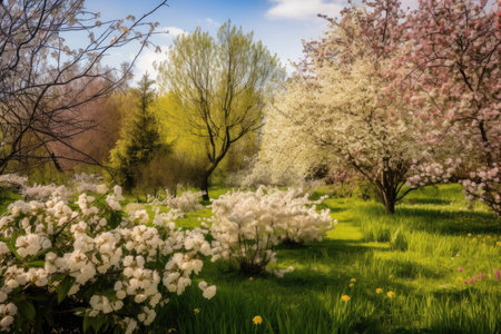 springtime, with blooming flowers and budding trees, created with generative aiの素材