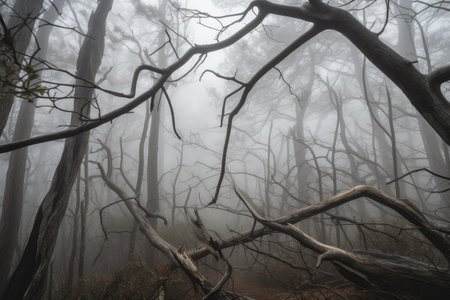 foggy forest with broken tree branches, revealing glimpses of the sky, created with generative aiの素材