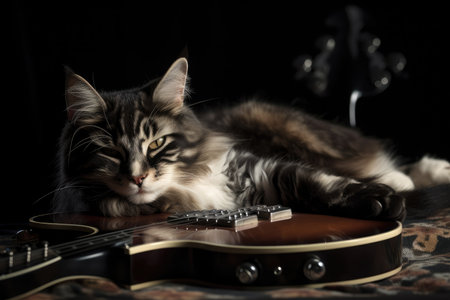 rock star cat lounges on guitar, ready to rock the stage, created with generative aiの素材
