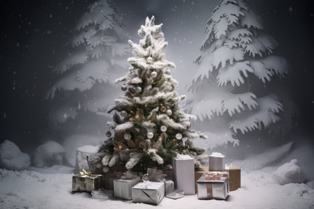 snow-topped christmas tree with presents underneath, created with generative aiの素材