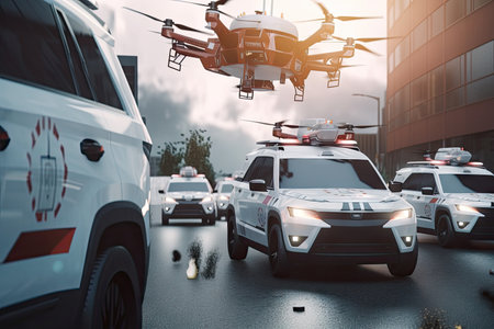 emergency vehicle with sirens blaring, surrounded by swarm of autonomous drones carrying medical supplies, created with generative aiの素材