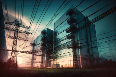 energy industry double exposure of wires and cables in a circuitous maze, created with generative aiの素材