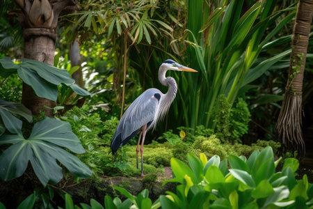 great blue heron in lush garden, hunting among the greenery, created with generative aiの素材