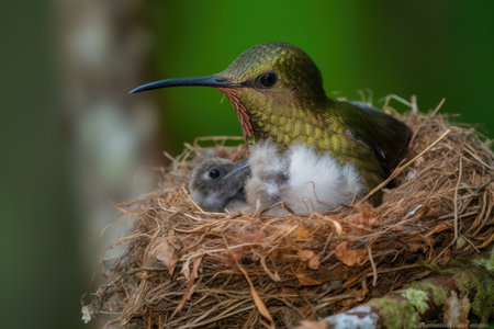 hummingbird with its beak open, feeding the hatchlings, created with generative aiの素材