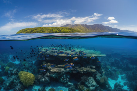 submersible floating past towering coral reef, with schools of colorful fish swimming in the foreground, created with generative aiの素材