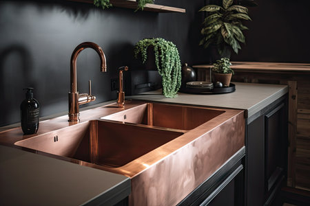 stainless steel countertop with copper sink and faucet in modern kitchen, created with generative aiの素材