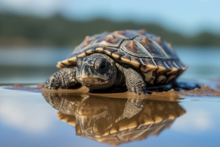 close-up of baby turtles shell, with the reflection of the ocean in the background, created with generative aiの素材