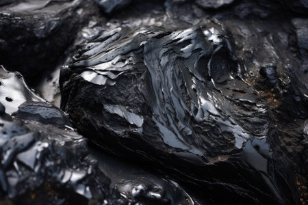 close-up of shiny black rock with veins of coal visible, created with generative aiの素材
