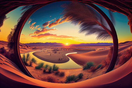 oasis, with view of distant sand dunes and colorful sunset sky, created with generative aiの素材