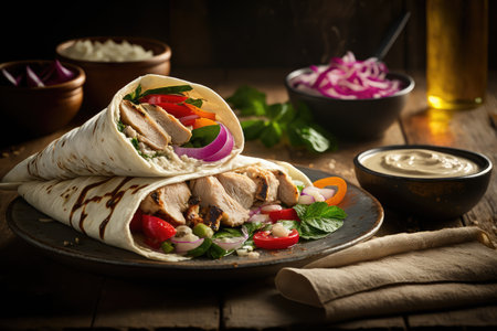 juicy chicken shawarma in pita wrap with hummus, pickled veggies & tahini sauce, created with generative aiの素材