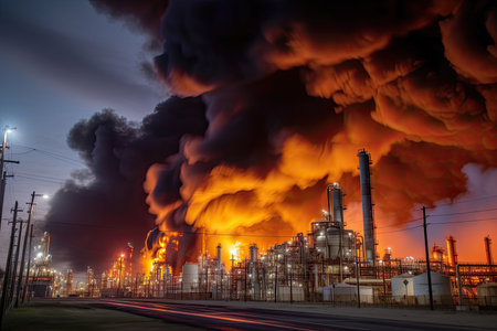 chemical plant, with smoke and flames billowing from stacks, created with generative aiの素材