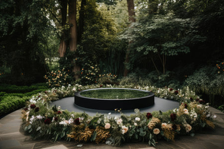 minimalist round podium surrounded by lush greenery and flowers, created with generative aiの素材