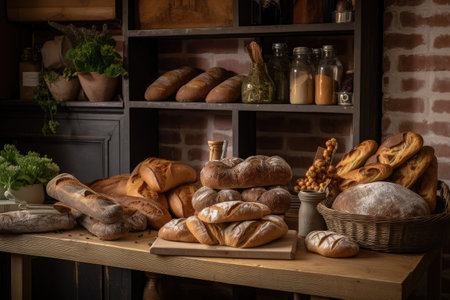 display of breads, from rustic chewy country loaf to delicate baguettes and rolls, created with generative aiの素材