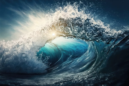 blue water wave, with droplets of water and sunlight rays, created with generative aiの素材
