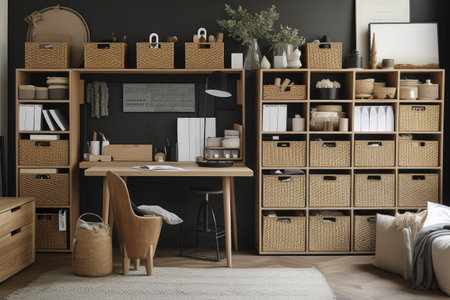 office with a variety of storage solutions, including baskets, bins and hooks, created with generative aiの素材