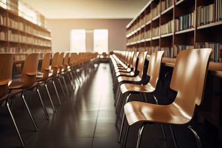 row of empty wooden row lecture chairs in library with books and laptop on desk visible, created with generative aiの素材