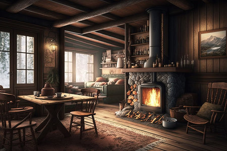 cozy chalet with roaring fire, surrounded by wooden furniture and natural accents, created with generative aiの素材