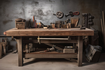 industrial workbench, with tools and raw materials nearby, created with generative aiの素材