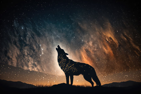 double exposure of wolf howling at starry night sky, created with generative aiの素材