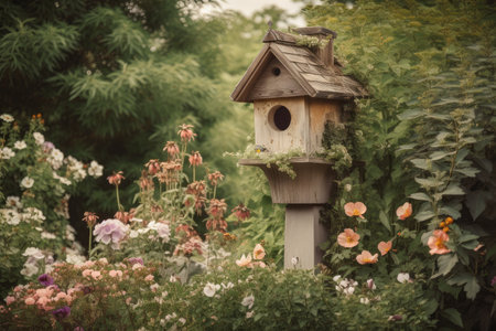 birdhouse surrounded by lush greenery and blooming flowers, created with generative aiの素材