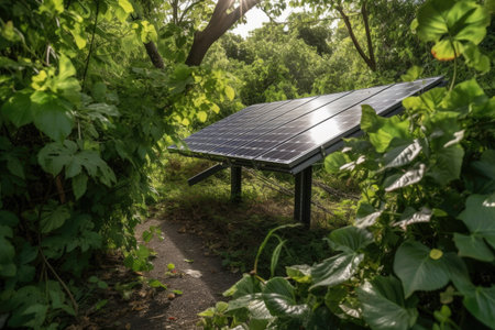 photovoltaic panel, surrounded by greenery in park setting, created with generative aiの素材
