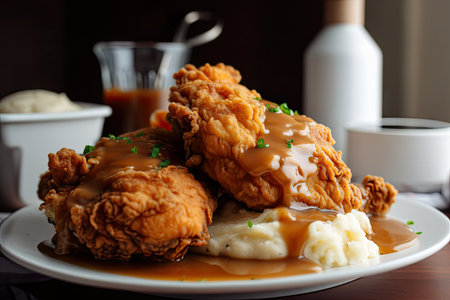 fried chicken, mashed potatoes, and gravy on white plate, created with generative aiの素材