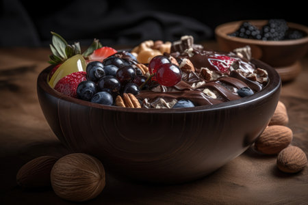 a bowl of assorted fruits and nuts covered in decadent chocolate, created with generative aiの素材