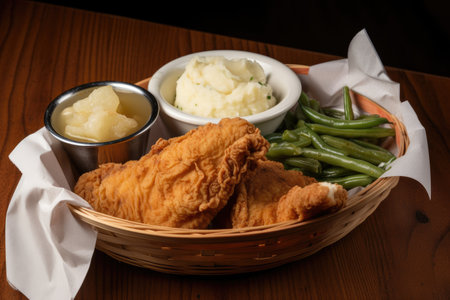 basket of freshly fried chicken, paired with mashed potatoes & gravy and side of green beans, created with generative aiの素材