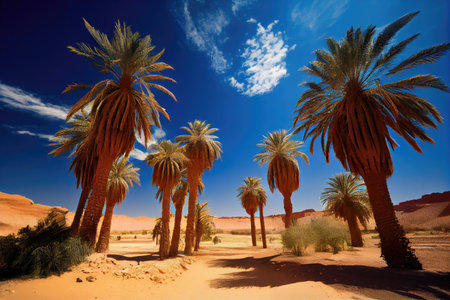 palm trees and clear blue skies in oasis surrounded by desert, created with generative aiの素材