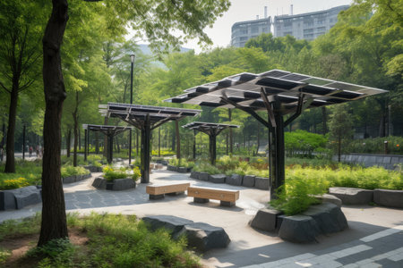 green park with solar panels and installations providing electricity for the visitors, created with generative aiの素材