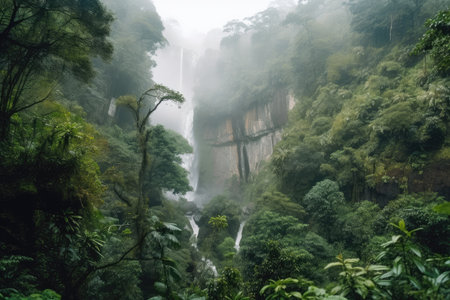 exotic foggy forest with waterfall and greenery visible in the background, created with generative aiの素材