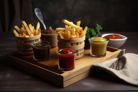 serve of french fries with variety of homemade sauces and spices, created with generative aiの素材