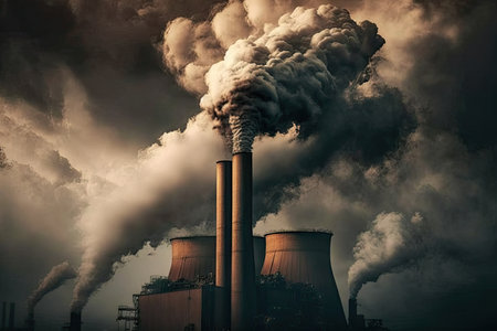 close-up of power plant, with steam and smoke billowing from its chimneys, created with generative aiの素材
