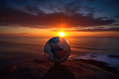 sunrise, with the sun peeking over the horizon, illuminating a globe, created with generative aiの素材