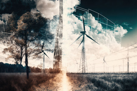 energy industry double exposure of solar farm and wind turbine in landscape, created with generative aiの素材