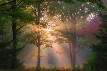 pastel sunrise, with rays of light shining through the trees and highlighting seasonal changes, created with generative aiの素材