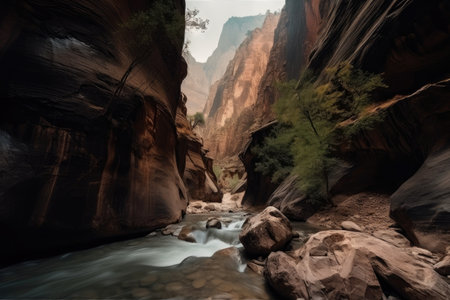 majestic canyon with raging waterfall plunging into the depths, created with generative aiの素材