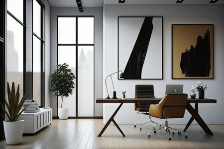 modern office with white walls and minimal furniture, except for brown leather chair, created with generative aiの素材