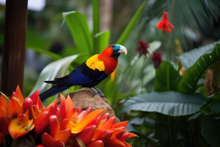 beauty shot of exotic bird perched on flower in tropical garden, created with generative aiの素材