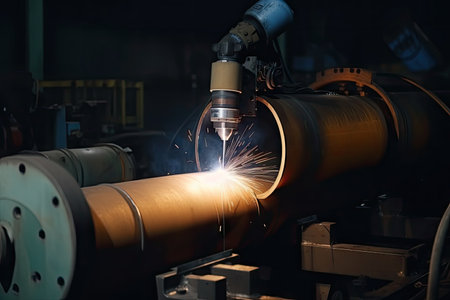 robot, welding metal pipe together, in factory, created with generative aiの素材