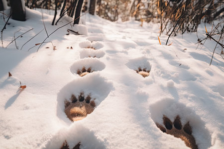 close-up of animal tracks in the snow, with footprints and paw prints visible, created with generative aiの素材