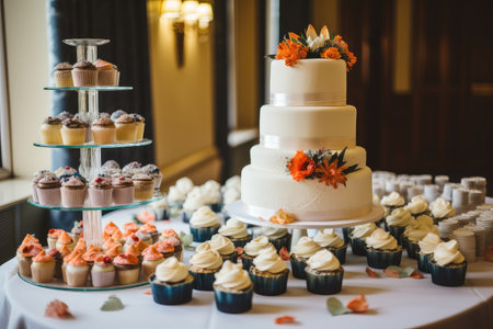wedding cake with cupcakes as toppers and ribbon, created with generative aiの素材